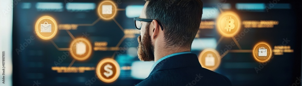 Poster a man in a dark suit observes data visualizations on a digital screen, featuring icons related to fi