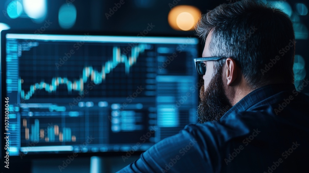Poster a person analyzes financial data on a computer screen, showcasing a upward trend in graphs, illumina