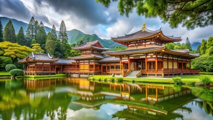 Obraz premium Scenic view of Byodo-In Buddhist Temple surrounded by lush greenery in Oahu, Hawaii, Buddhist, Temple, Byodo-In, Oahu, Hawaii