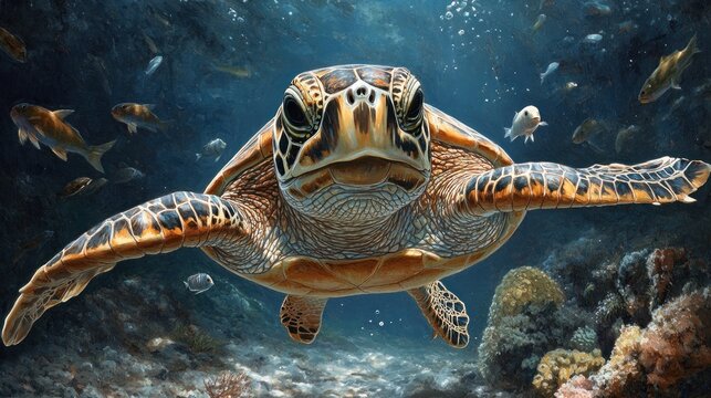 A sea turtle swims through the coral reef, with colorful fish swimming around it.