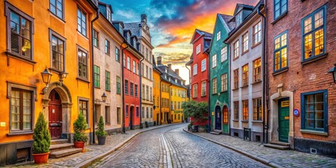 Fototapeta premium Colorful houses along cobbled street in historic Gamla Stan district, Stockholm, Sweden, Stockholm, Sweden