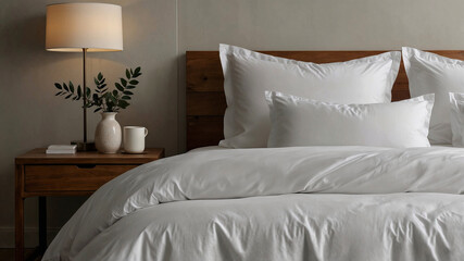 White bedding in a minimalist bedroom and pillow setup, perfect for design mockups. Wooden furniture and greenery complete the calm, adaptable scene.