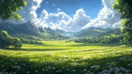 A picturesque valley with lush green grass, wild flowers, mountains in the background, and a blue sky with fluffy clouds.