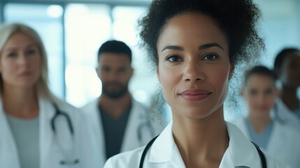 Fototapeta premium Female doctor standing proudly with multiracial colleagues in hospital