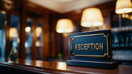 Close-up of a hotel Reception desk sign in sharp focus,with the  softly blurred background of a classic hotel setting, featuring elegant wooden decor and soft ambient lighting. 