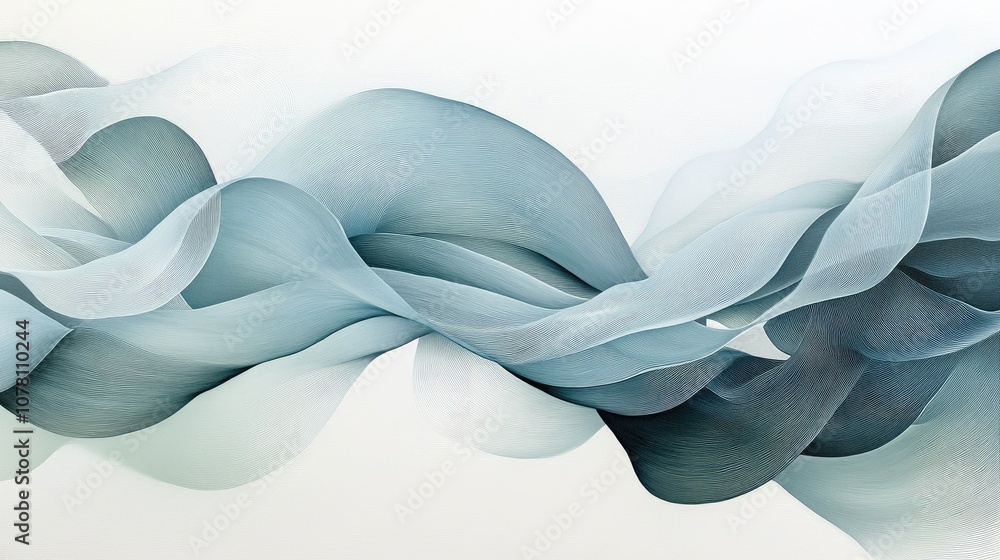 Poster soft fluid waves in gentle tones of blue and gray creating a serene and abstract background for mode