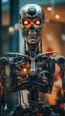 Fototapeta premium Metallic robot with glowing red eyes, showcasing intricate mechanical parts and a futuristic humanoid design.