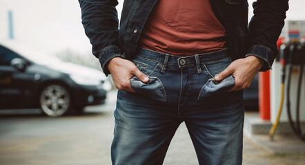 A man stands with his pockets turned out at a gas station, illustrating a lack of funds for fuel.