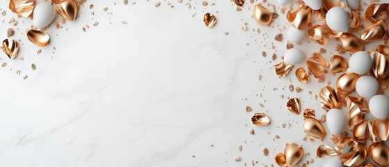 Fototapeta premium A white background with gold and white eggs scattered around it