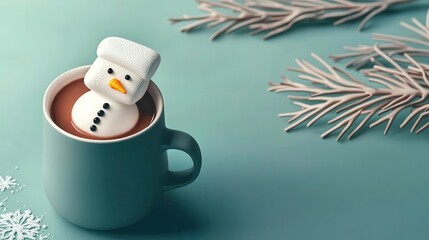 A cozy cup of hot chocolate topped with a cute snowman marshmallow, surrounded by winter-themed decor and foliage.