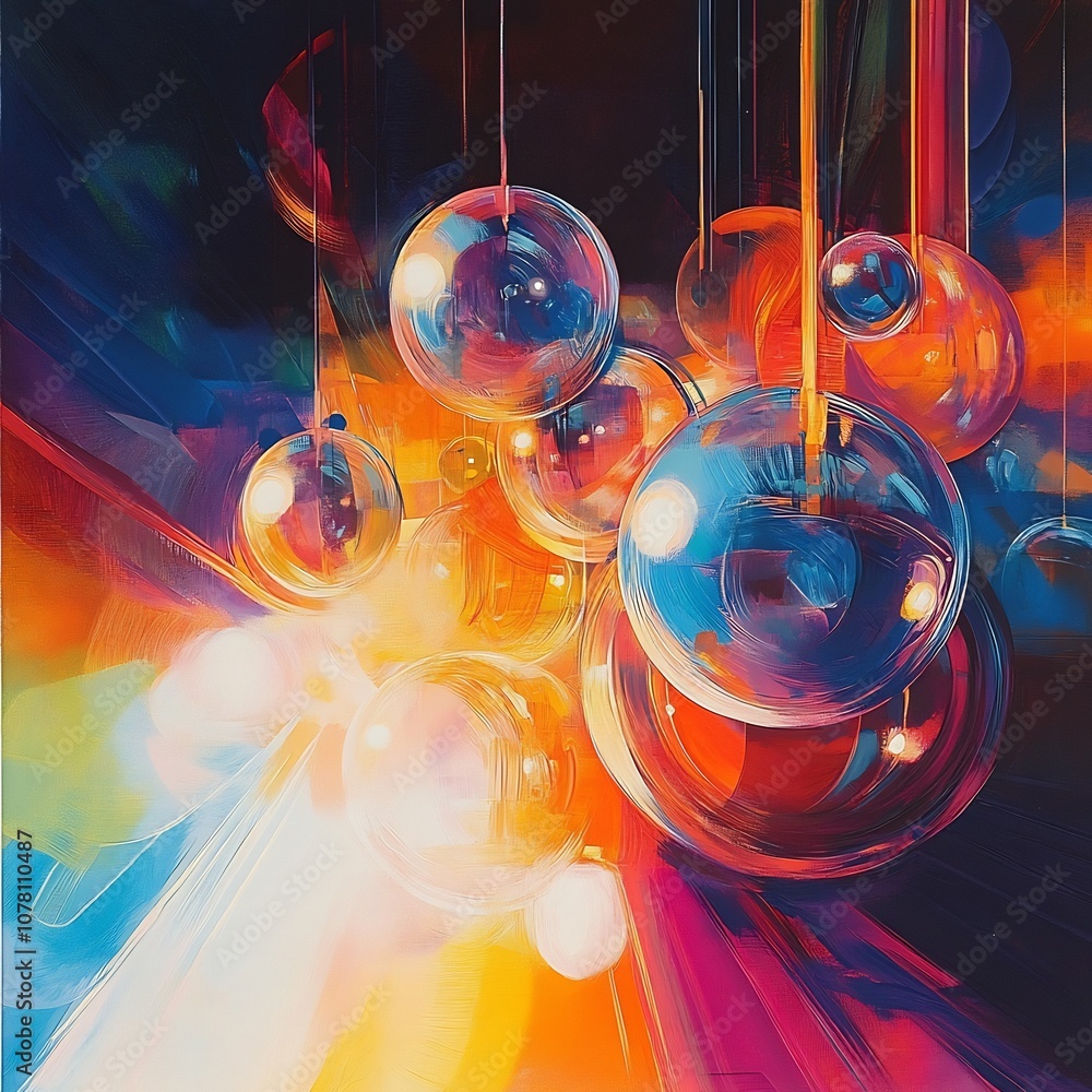 Poster mesmerizing clusters of illuminated spheres suspended in a vibrant abstract void brimming with