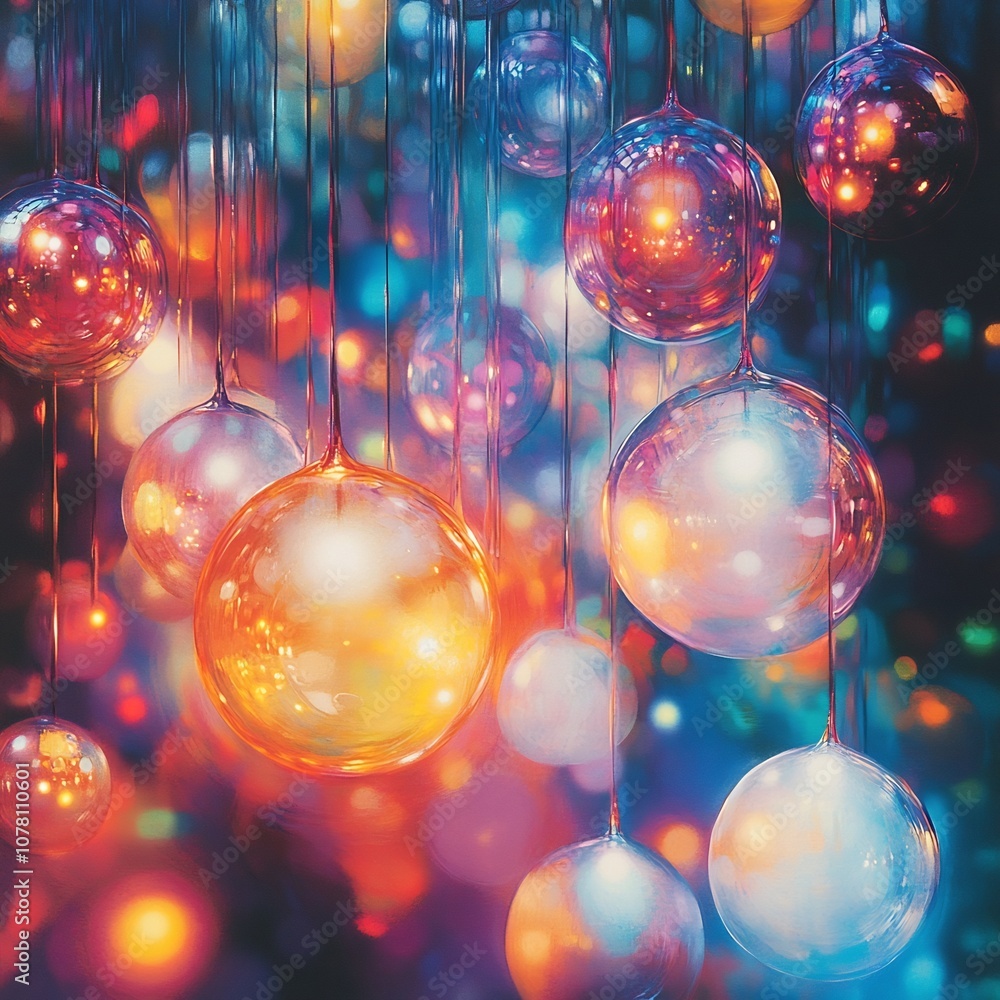 Poster clusters of luminous floating orbs in a vibrant abstract void