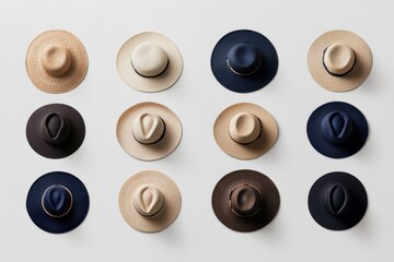Fashion hats displayed on white wall, representing variety and style