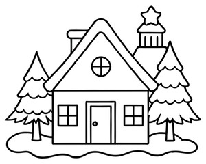 Christmas House Coloring Page, White Background