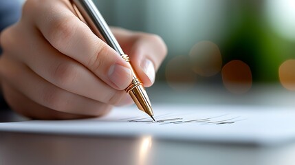 The closeup image captured through advanced technology shows a person delicately signing a contract with a sleek and modern pen, showcasing precision and professionalism in the digital age.