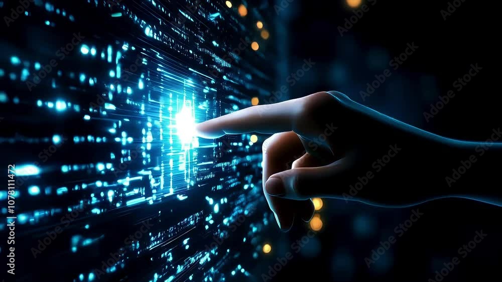 Poster futuristic hand interacting with digital controls on a touchscreen, symbolizing connectivity and tec
