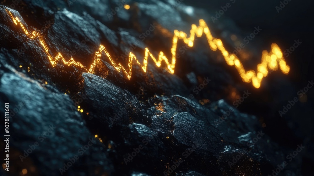 Poster abstract visual representation of a fluctuating stock market graph displayed through shimmering gold
