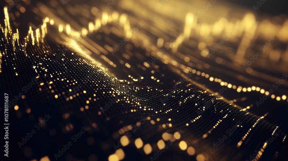 Poster abstract data visualization in golden hues, a dynamic wave of points and lights representing informa