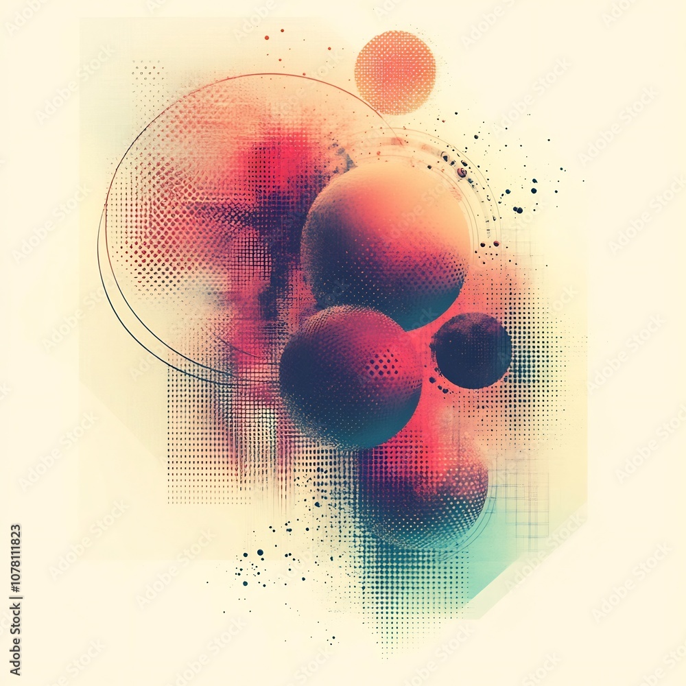 Poster connecting dot concept with overlapping sphere compositions in muted color gradients