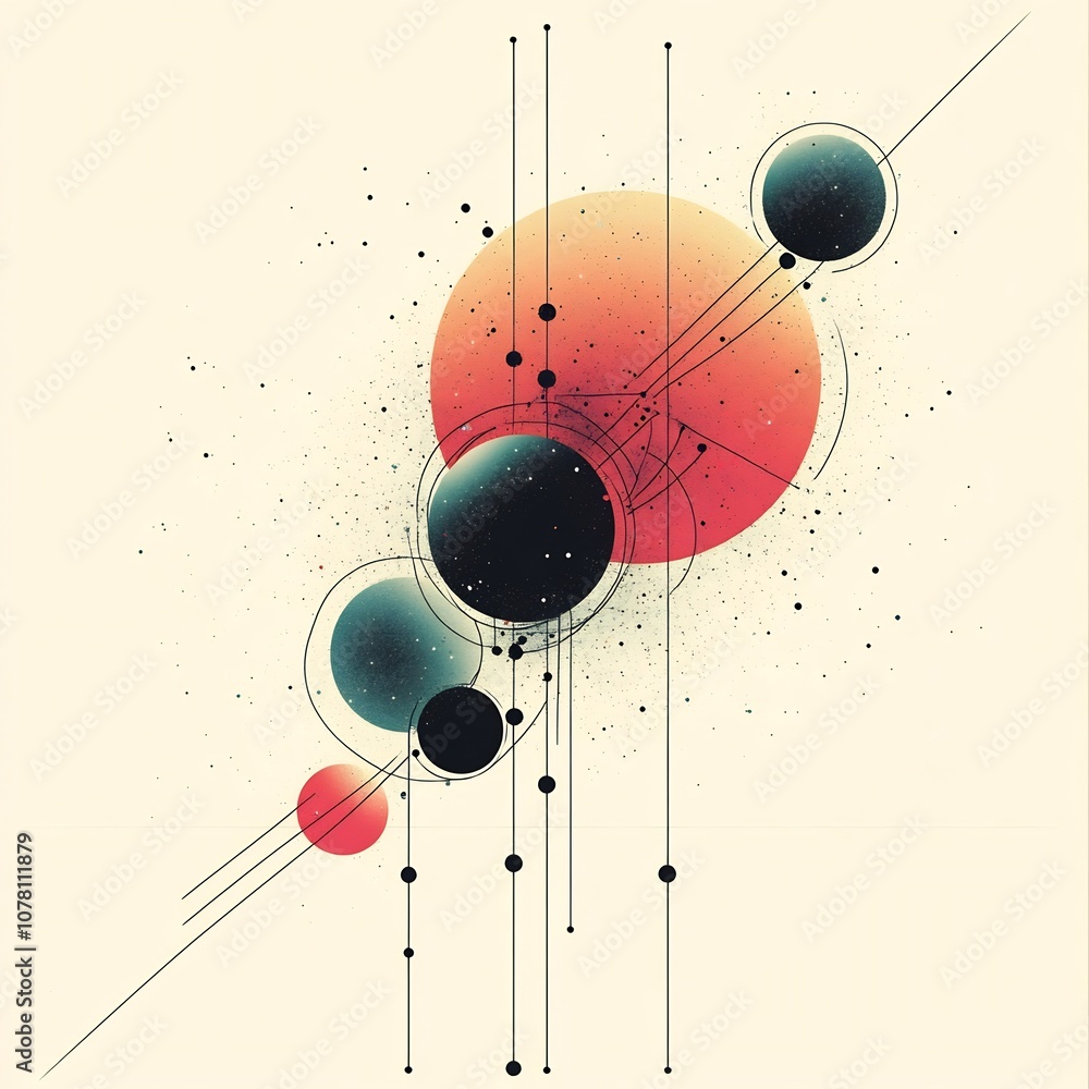 Poster interlinking dot and sphere compositions in muted color gradients