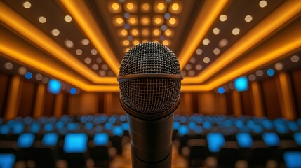 Close up of microphone with blurred speaker, focus on anticipation before speech, electrifying atmosphere, surreal, composite, bustling conference room backdrop