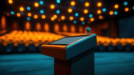 Abstract blurred stage with a speaker in sharp focus
