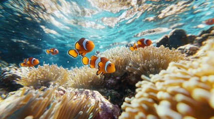 A school of clownfish swim amongst the coral reefs in a tropical ocean.