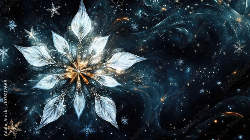 Poster intricate snowflake design against cosmic background with glittering stars and ethereal colors in a 