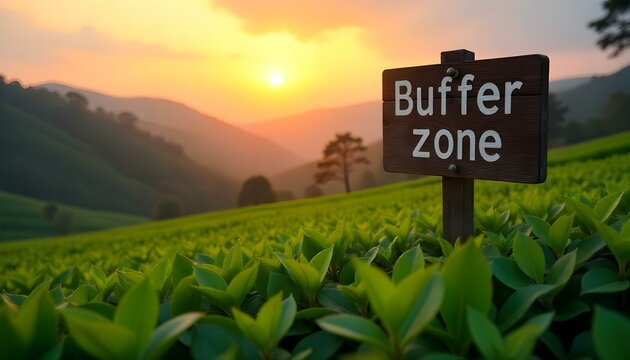 Buffer zone sign at the top of the green tea plantations in Munnar, India 