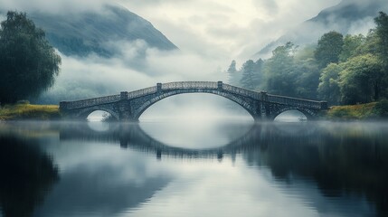 Fototapeta premium A stone arch bridge spans a tranquil lake, shrouded in mist and surrounded by lush greenery, creating a serene and picturesque scene.