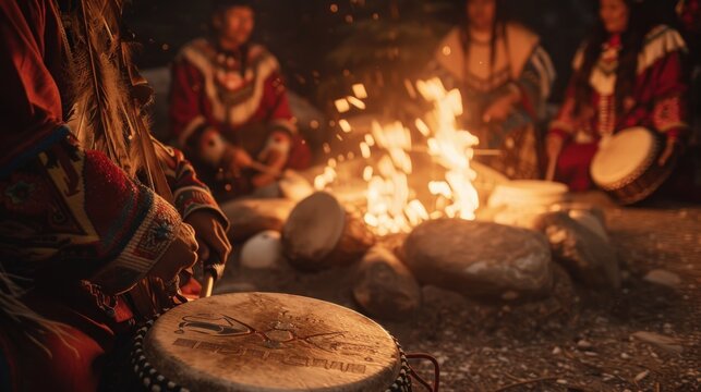 A warm gathering showcases hands skillfully playing traditional drums while a fire crackles nearby, creating a cultural connection at sunset