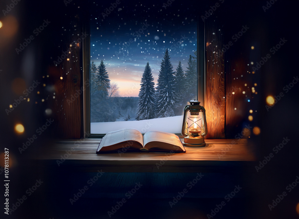 Poster an open book sits on a windowsill illuminated by a lantern, with a snowy winter scene visible throug