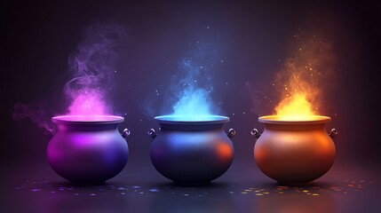 Three magical cauldrons emitting colorful smoke, suggesting potion-making or mystical themes.