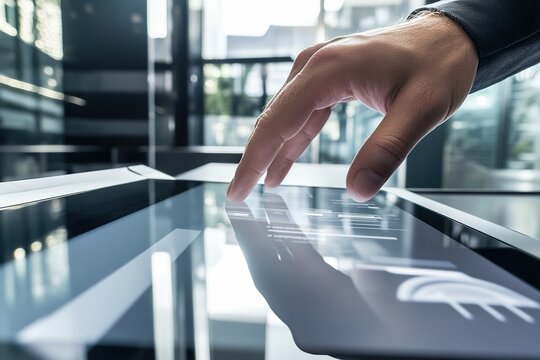 Hand interacting with futuristic touchscreen interface