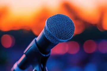 Microphone in speaker's hand, close up, focus on public engagement, persuasive delivery, ethereal, composite, dimly lit stage backdrop