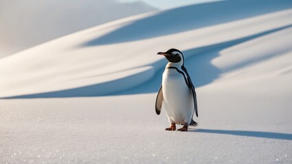 A curious penguin waddling across a snow-covered landscape in soft winter light. Created with Generative AI Technology