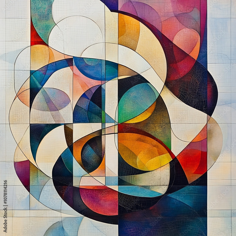 Poster synthesis of interconnected shapes and lines in a vibrant abstract composition