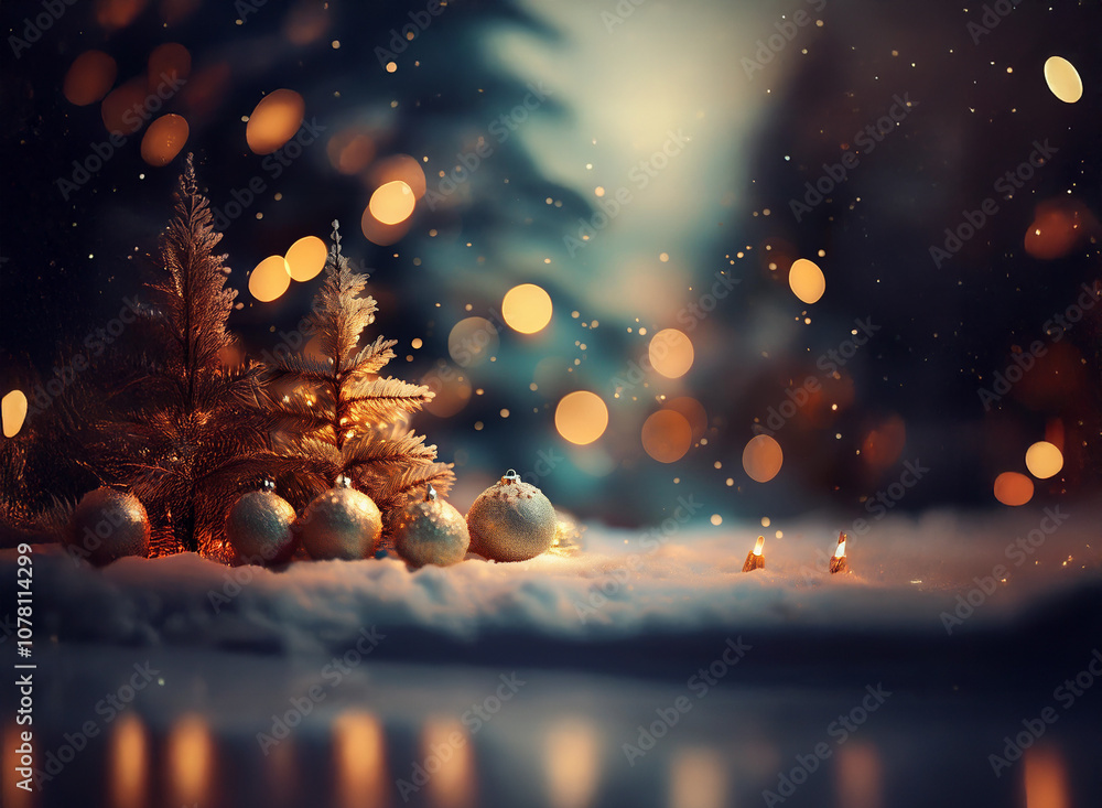 Poster two small pine trees with gold ornaments sit on a bed of snow with a soft glow of bokeh lights in th