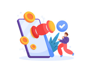 online or digital auction concept. mobile application or software for auction. pawnshop and business. illustration of a man with smartphone and hammer. flat style design. elements