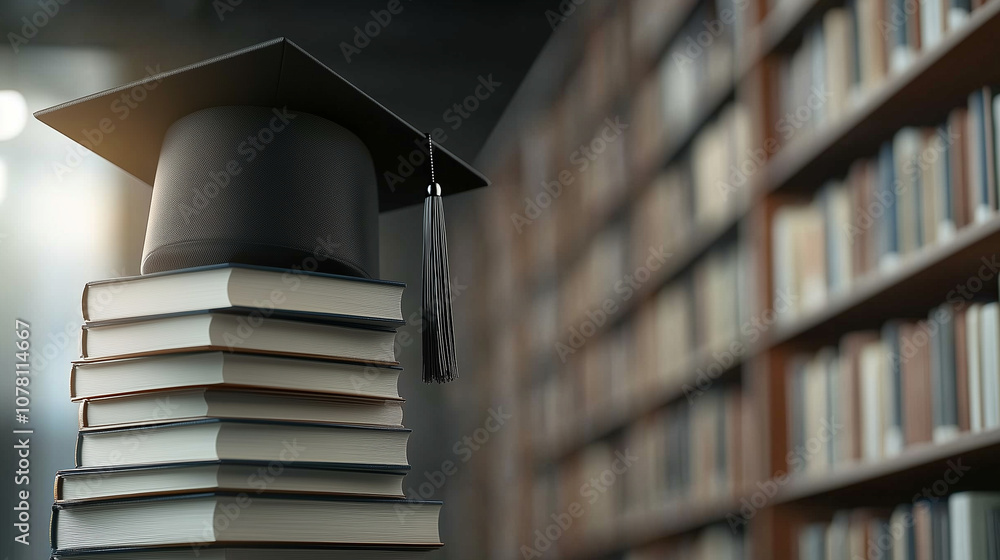 Poster a stack of textbooks with a classic black graduation cap resting on top, the library background soft