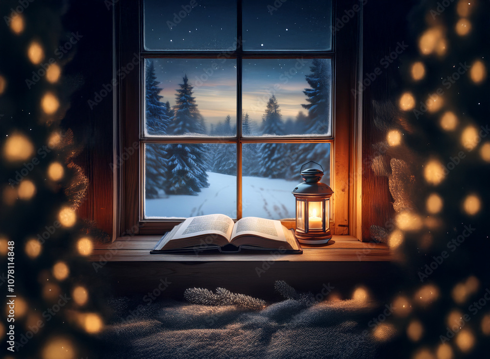Poster a rustic window frame with an open book, a lantern, and a view of a snowy winter landscape.