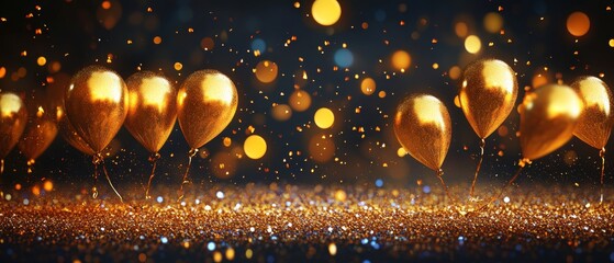 Obraz premium A bunch of gold balloons are floating in the air, creating a festive