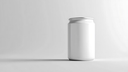 A plain white can standing on a light background, suitable for branding or design purposes.