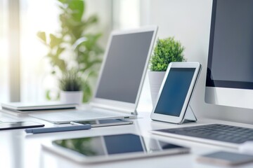 Modern workplace with multiple devices on white desk