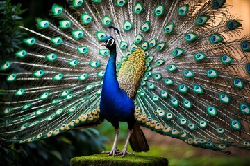 Obraz premium A majestic peacock spreading its iridescent feathers in full display. Created with Generative AI Technology