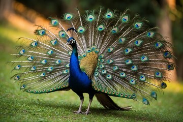 Obraz premium A majestic peacock spreading its iridescent feathers in full display. Created with Generative AI Technology