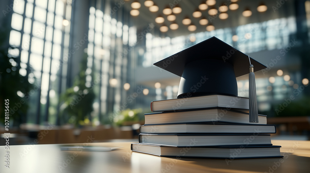 Poster graduation cap on top of a stack of reference books in a spacious, modern library with large windows