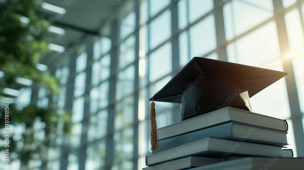 Poster graduation cap on top of a stack of reference books in a spacious, modern library with large windows