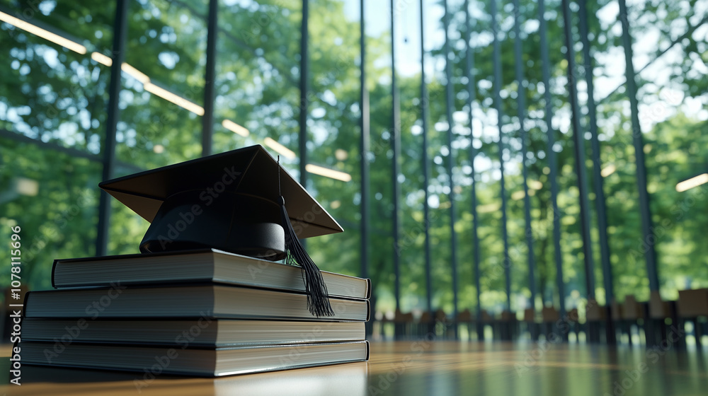 Aufkleber graduation cap on top of a stack of reference books in a spacious, modern library with large windows