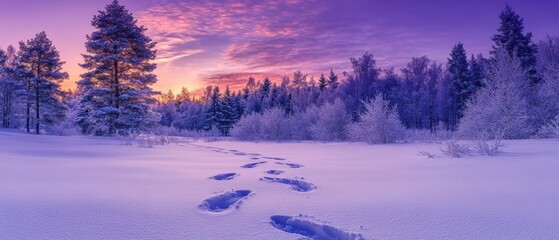 Fototapeta premium A serene winter landscape at sunset with snow-covered trees and footprints in the snow.